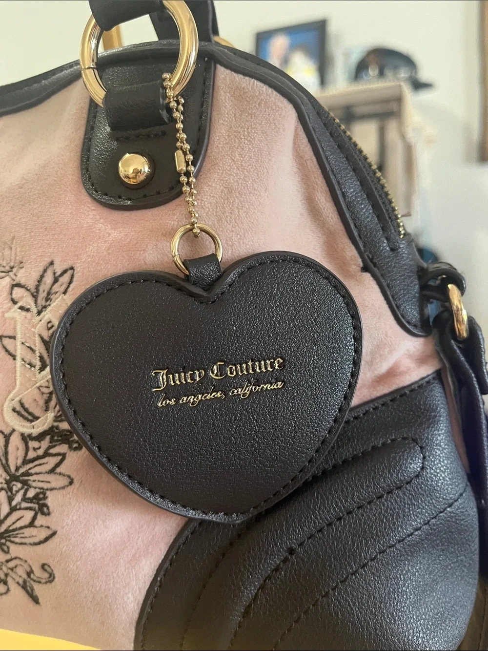 Juicy Couture Pink Suede & Black Leather Heart Charm Satchel